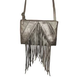 Attention - Gunmetal Silver / Gray Faux Leather Crossbody Purse w Fringe Detail